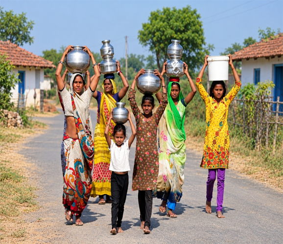 Women and girls carrying water pots over a long distance
