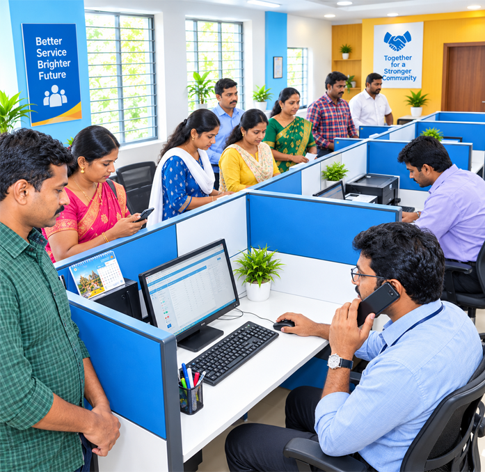 Public grievance staff reviewing complaints on computer systems